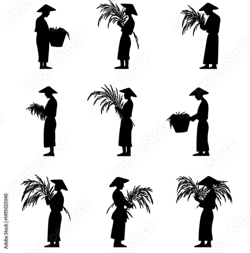 Modern illustration set featuring the silhouette of an Asian farmer, highlighting agricultural harvesting concepts on a white background