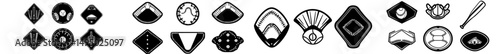 The modern icon of a baseball home plate features a crossed baseball and is part of a template design that includes a silhouette of the sport being played at home base