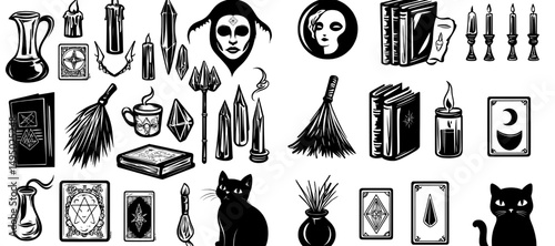 Witch-themed items such as inventory, jars, magic books, esoteric objects, and tarot cards make up a modern collection of sketches featuring isolated Halloween mystery clip arts on white