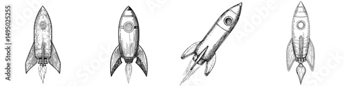 A modern hand-drawn icon of a rocket spaceship doodle is presented as a simple sketch outline