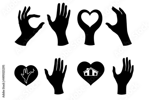 Human hands are silhouetted in a heart shape to convey a charity concept, isolated on white, with various arms and fingers demonstrating a supportive and helpful gesture