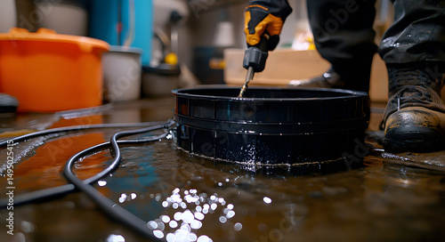 Sump Pump System with Black Plastic Basin Water Pipes and Electrical Cord Maintenance photo