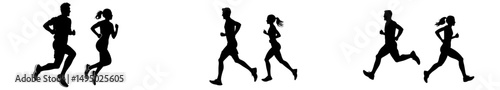 The set of silhouettes features sprinters, runners, and joggers on a running track or jogging, including men and women athletes