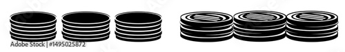 The icon of a stack of coins in flat style is a simple black symbol sign for apps and websites, representing finance, paying, earning, salary, tip, and dollar, and relating to saving, income, and
