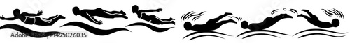 Swimming symbols, including those of swimmers on water with waves, are offered in a modern stock icon collection with line and flat styles