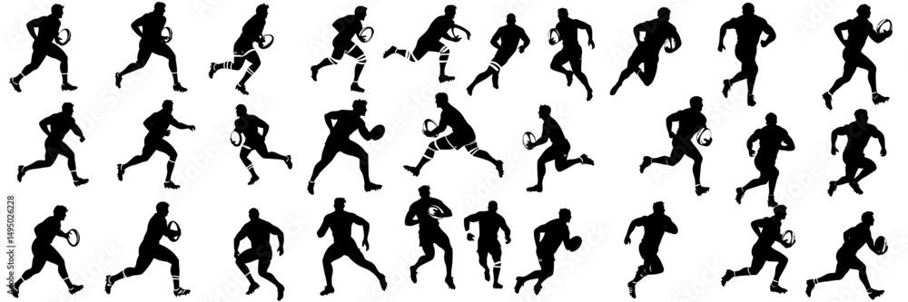 A detailed rugby silhouette collection with minimal sport symbols and logos, suitable for design elements, backgrounds, banners, backdrops, covers, and logotypes, isolated on a white background in A detailed rugby silhouette collection with minimal sport symbols and logos, suitable for design elements, backgrounds, banners, backdrops, covers, and logotypes, isolated on a white background in