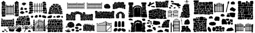 A collection of modern outdoor elements features decorative yard or kingdom components, including isolated wooden and stone fences and cartoon medieval stones fences