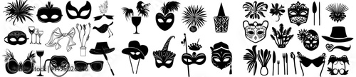 Masquerade mask silhouettes are depicted in a set of elegant paper festival masks from Gothic Italy Venice, shown in black on white modern isolated icons