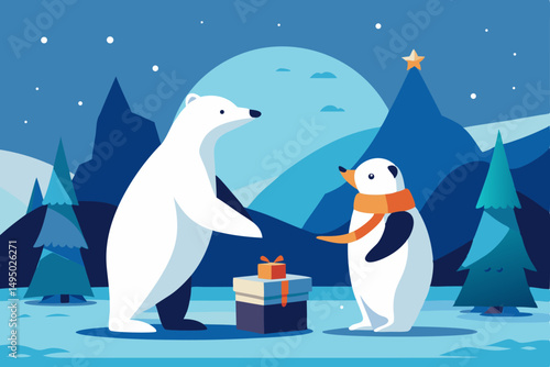 polar bear and penguins exchanging gifts vector illustration