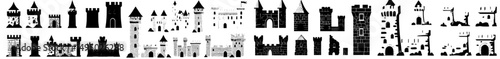 A solitary builder of medieval castles, incorporating elements of fortresses and towers, reminiscent of a childish paper game and outdated architecture, with flags and gates resembling racy modern