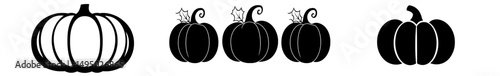 The illustration features a set of black pumpkins in silhouette and outline, presented on a clean white background, symbolizing a minimalist approach to Halloween decorations, as well as seasonal