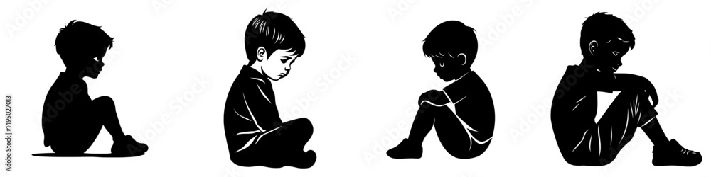 A modern illustration design featuring the silhouette of a sad black child isolated on a white background, represented as a child icon A modern illustration design featuring the silhouette of a sad black child isolated on a white background, represented as a child icon