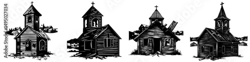 The illustration showcases a grunge style with abandoned buildings in monochrome, featuring a black and white sketch of a derelict church and house that evokes an eerie atmosphere, embodying an