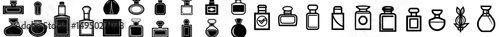 A set of icons representing perfume bottles, featuring modern fragrances, is comprised of lines and glyphs