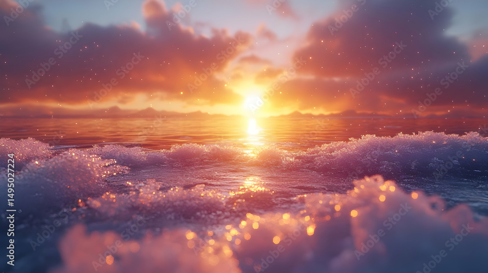 Fototapeta premium Golden Sunset Over Ocean Waves - Abstract Background