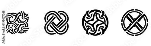 A set of Celtic outline knots ornament featuring Medieval viking tattoo shape modern, infinite weaving pattern, and a collection of various form stickers assets, all comprising abstract geometric
