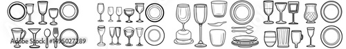 Modern illustration features ceramic dishes in black and white lines, isolated with pottery elements including a cup, plate, and bowl in hand-drawn silhouette, along with crockery in graphic linear