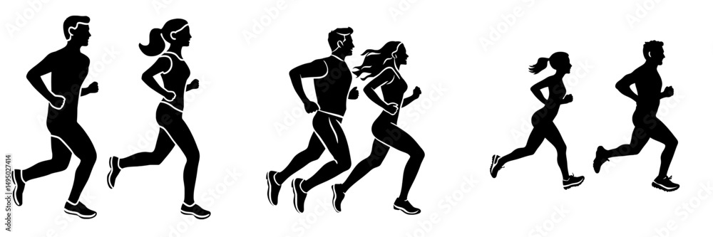Modern illustration featuring the silhouette of a couple running, with various runner silhouettes and a sport icon of a running woman isolated on a white background Modern illustration featuring the silhouette of a couple running, with various runner silhouettes and a sport icon of a running woman isolated on a white background