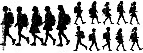 A modern illustration featuring the abstract silhouettes of school students with their bags, returning to their educational institution, set against a white backdrop, symbolizing schooling and