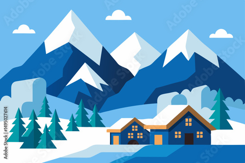snow-covered mountain with winter cabins flat vector design