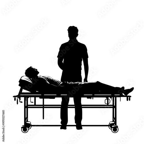 Stock image featuring a modern silhouette of a person resting on a gurney with a white background