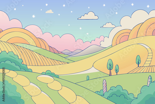 Dreamlike landscape of rolling pastel colored hills vector illustration