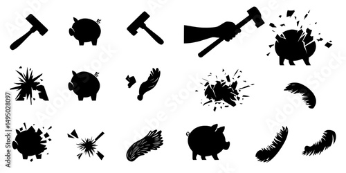 The piggy bank set is ideal for use in icons, symbols, and silhouette design applications