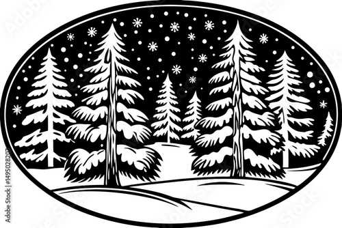 Snowy pine forest with falling snowflakes vector illustration
