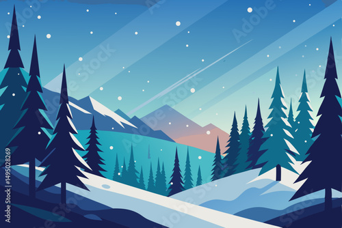 Snowy pine forest with falling snowflakes vector illustration