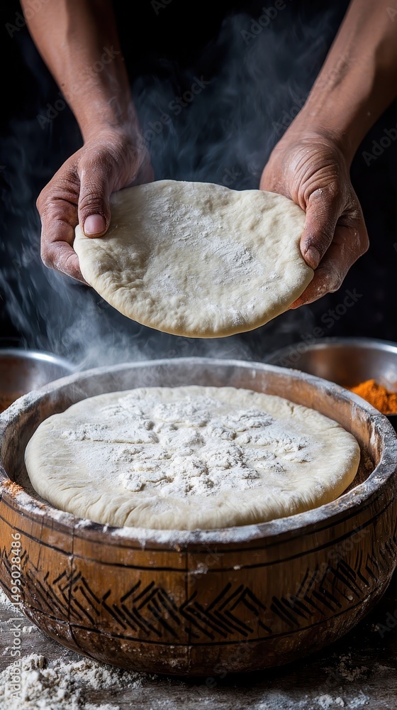 Fototapeta premium A person is holding a round, uncooked dough above a steaming container, preparing to cook traditional bread.