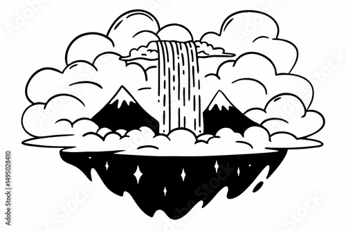 floating island with waterfalls cascading into turquoise sea vector illustration