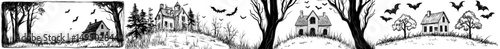 The image of a haunted house with bats and trees is ideal for Halloween