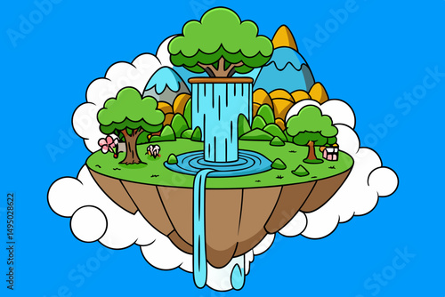 Floating Island with Waterfalls Cascading into the Abyss Vector Illustration