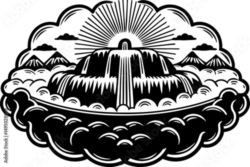 floating island with waterfalls cascading into turquoise sea vector illustration