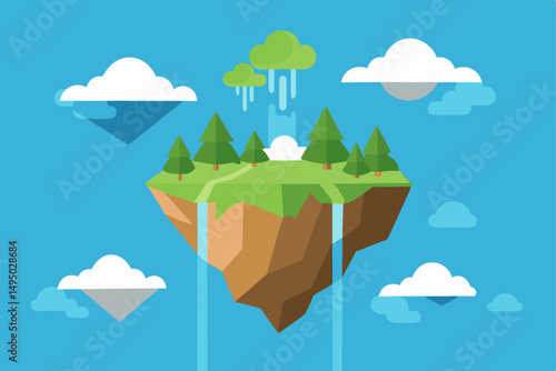floating island with waterfalls cascading vector illustration