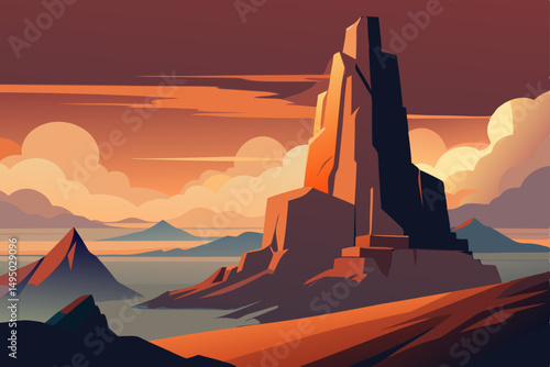 dramatic rock formation surrounded by mist and clouds vector illustration