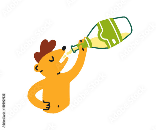 Funny animal with champagne bottle. Comic anthropomorphic drunk character drinking alcohol, alcoholic beverage from neck, celebrating booze party. Flat vector illustration isolated on white background