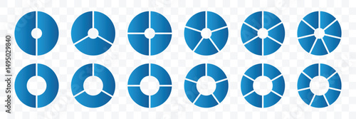 Pie chart set. Circle pie chart diagram. Segment slice sign. 2,3,4,5,6,7,8,9,10,11,12 sections or steps. Business presentation, UI, web design. Vector illustration. 