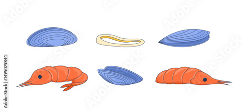 Assorted shellfish and shrimps 2D cartoon objects set. Clams, mussels, prawns, calamari ring. Seafood ingredients isolated elements flat vector clip arts on white. Spot illustrations collection