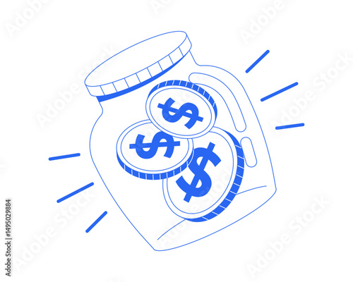 Savings line onboarding ui illustration. Jar with dollar coins. Investing saving money. Financial fund. Donations. Cash accumulation outline 2D concept isolated. Ink linear metaphor vector art