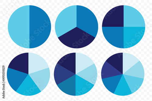 Pie chart set. Circle pie chart diagram. Segment slice sign. 2,3,4,5,6,7,8,9,10,11,12 sections or steps. Business presentation, UI, web design. Vector illustration. 