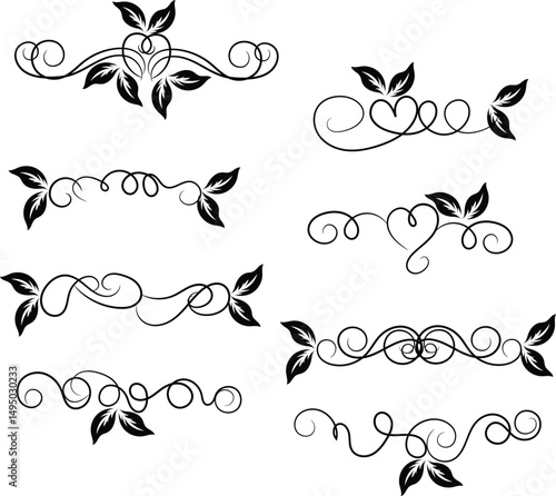 Elegant Black Floral Swirls and Leaves Design Elements Set