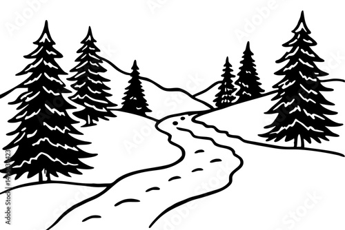 Snow-covered pine forest with frozen winter river vector illustration