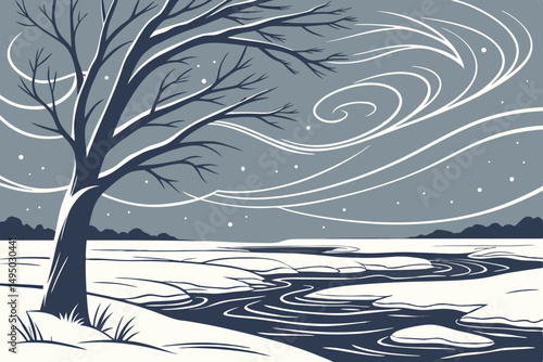 Blizzard raging over a barren icy landscape vector illustration