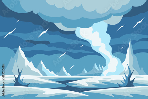 blizzard raging over barren icy landscape vector illustration