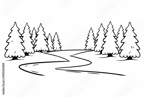 snow covered pine forest with frozen river winter vector illustration