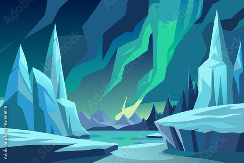 Frozen tundra with towering ice formations under sky vector illustration