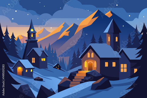 Snowy mountain village glowing with winter charm vector illustration