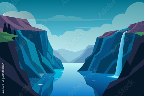 serene fjord with steep cliffs plunging into water vector illustration
