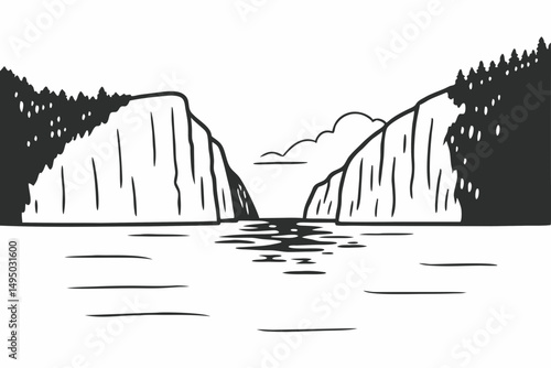 serene fjord with steep cliffs plunging into water vector illustration